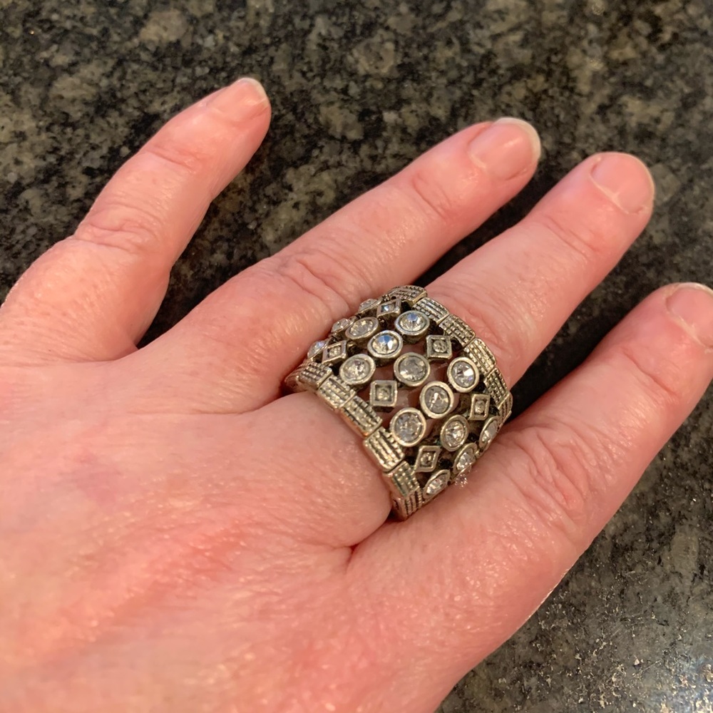 J Crew stretch rhinestone and silver plated ring